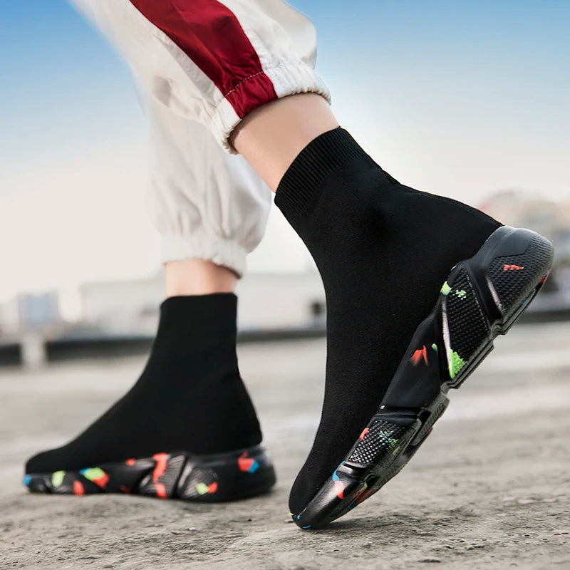 2025 Spring Sneakers For Men Black Slip-On Non leather Casual Shoes High Top Laceless Footwear Light Sock Shoes Fashion Unisex