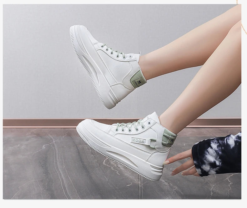 2025 Japanese-style White Sneakers for Ladies, High-top, Rugged and Durable, Thick Sole, Height-increasing, Casual Shoes