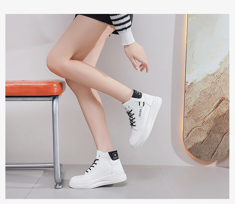 2025 Japanese-style White Sneakers for Ladies, High-top, Rugged and Durable, Thick Sole, Height-increasing, Casual Shoes
