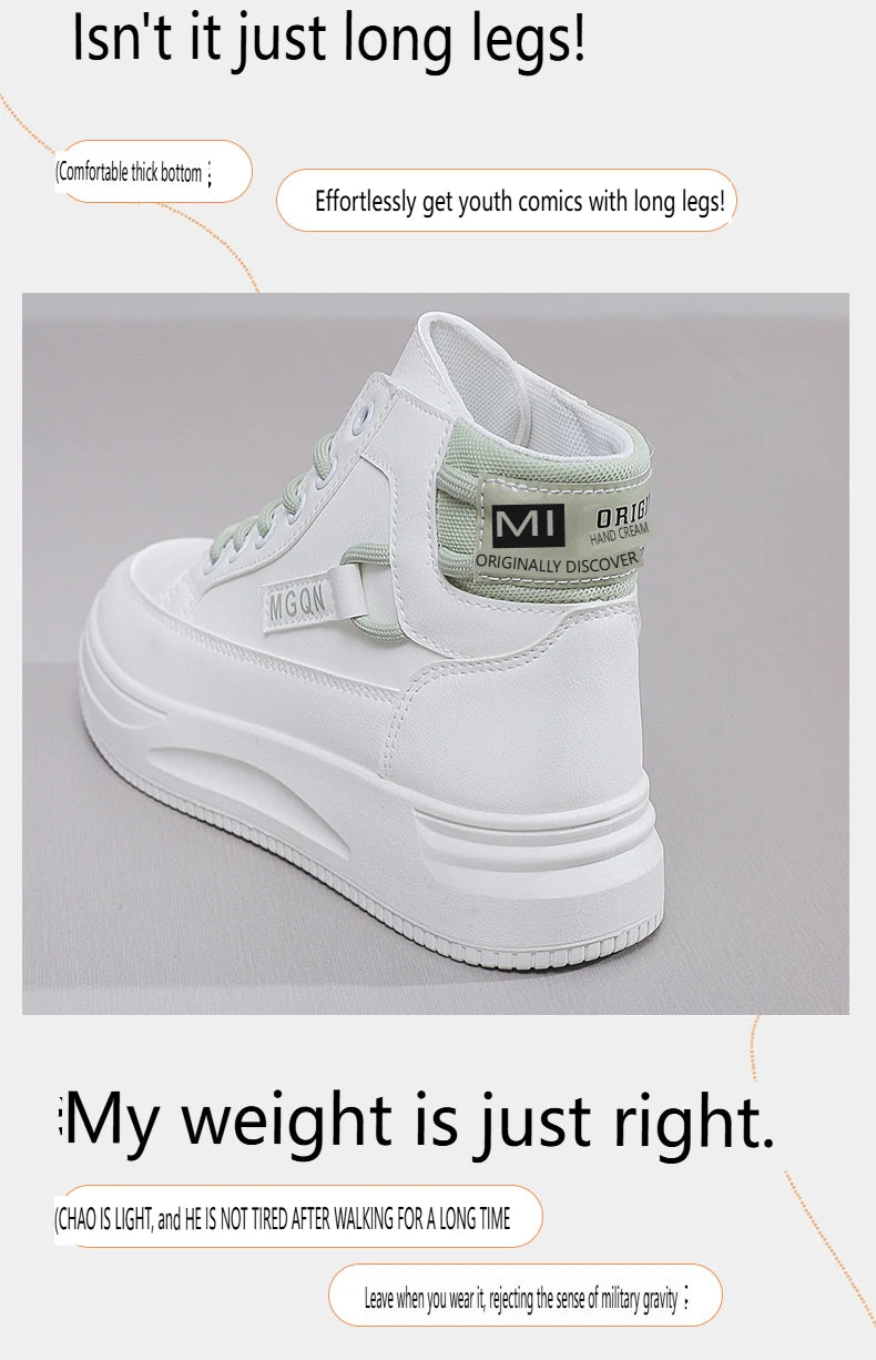 2025 Japanese-style White Sneakers for Ladies, High-top, Rugged and Durable, Thick Sole, Height-increasing, Casual Shoes