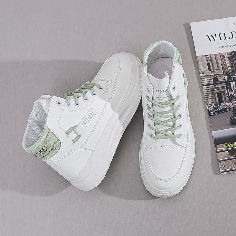 2025 Japanese-style White Sneakers for Ladies, High-top, Rugged and Durable, Thick Sole, Height-increasing, Casual Shoes