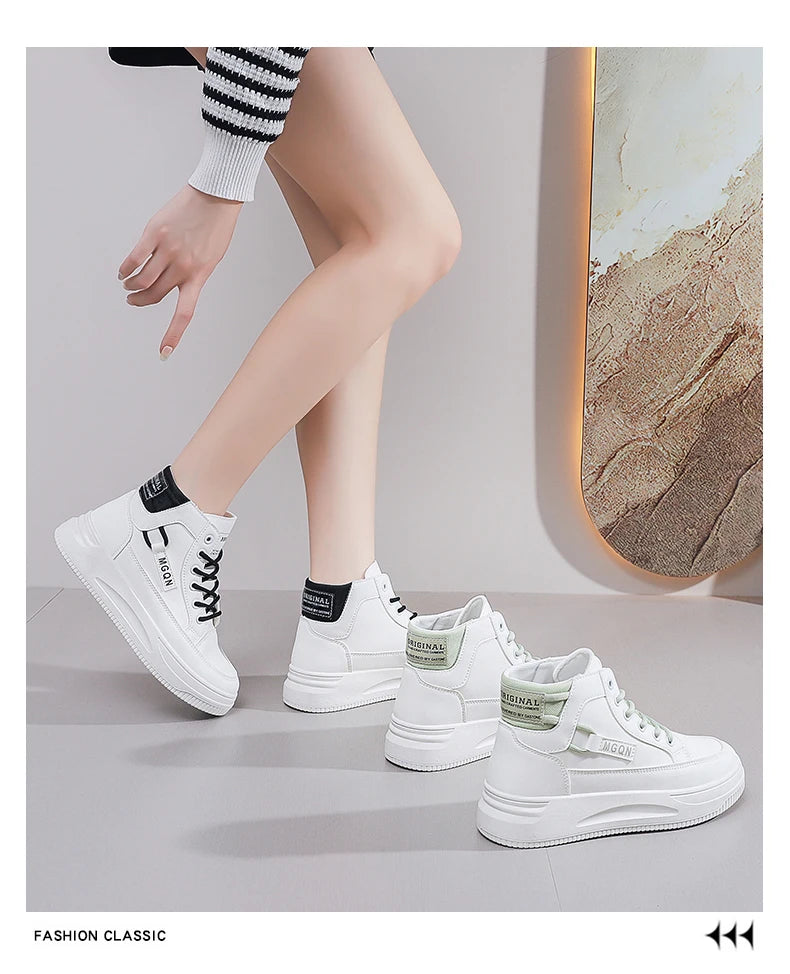 2025 Japanese-style White Sneakers for Ladies, High-top, Rugged and Durable, Thick Sole, Height-increasing, Casual Shoes