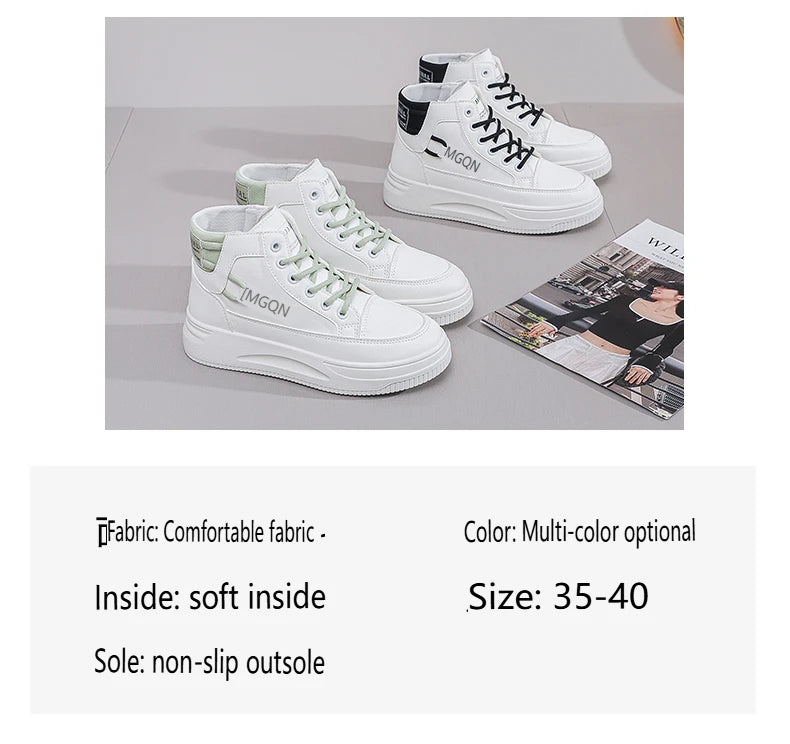 2025 Japanese-style White Sneakers for Ladies, High-top, Rugged and Durable, Thick Sole, Height-increasing, Casual Shoes