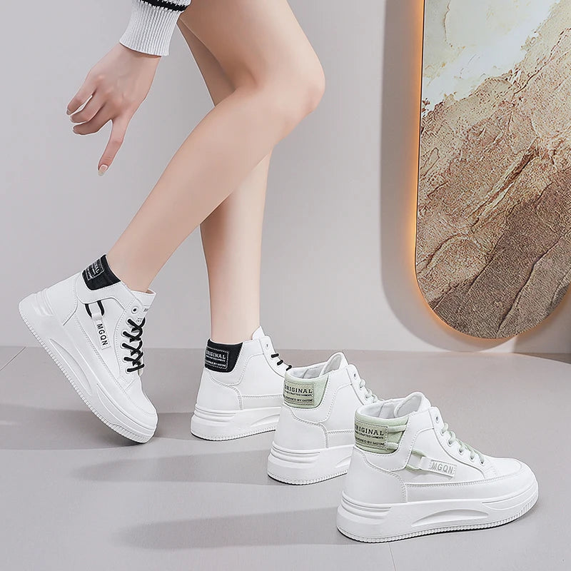2025 Japanese-style White Sneakers for Ladies, High-top, Rugged and Durable, Thick Sole, Height-increasing, Casual Shoes