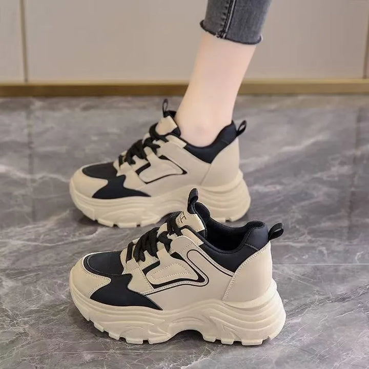 Women's 2025 Spring Sneakers with Thick Bottom and Leather Face High Inner Heel Shoes Comfortable for Sports and Casual Wear