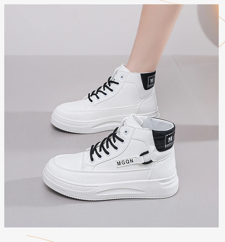 2025 Japanese-style White Sneakers for Ladies, High-top, Rugged and Durable, Thick Sole, Height-increasing, Casual Shoes