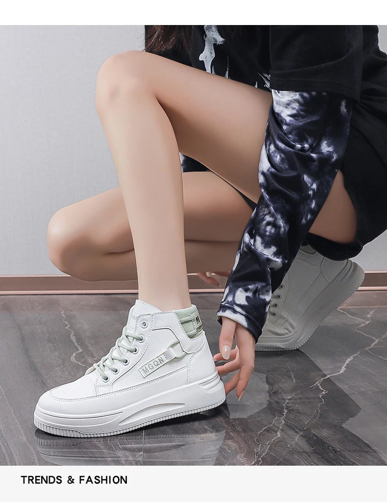 2025 Japanese-style White Sneakers for Ladies, High-top, Rugged and Durable, Thick Sole, Height-increasing, Casual Shoes