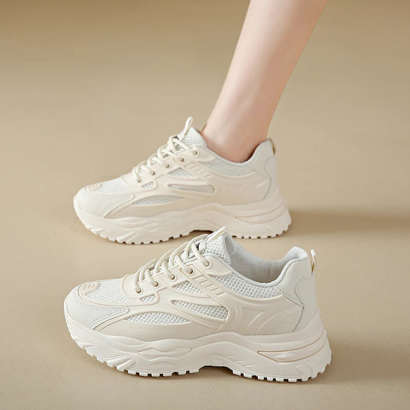 White Sneakers Women 2024 New Leather Chunky Sneakers Women's Sports Shoes Thick Tennis Vulcanized Shoes Basket Platform Shoes