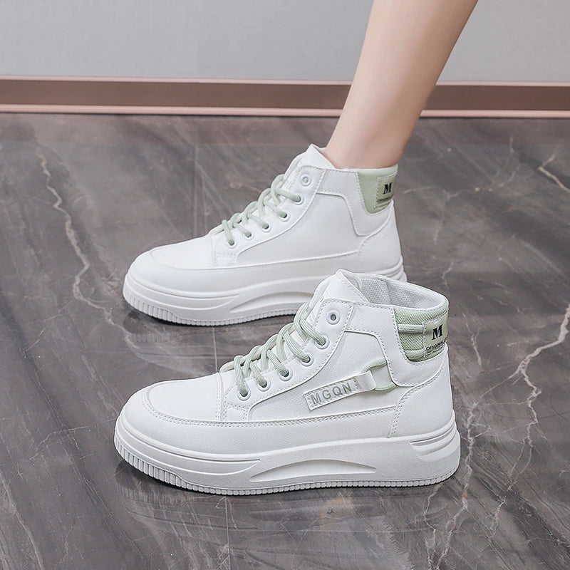2025 Japanese-style White Sneakers for Ladies, High-top, Rugged and Durable, Thick Sole, Height-increasing, Casual Shoes
