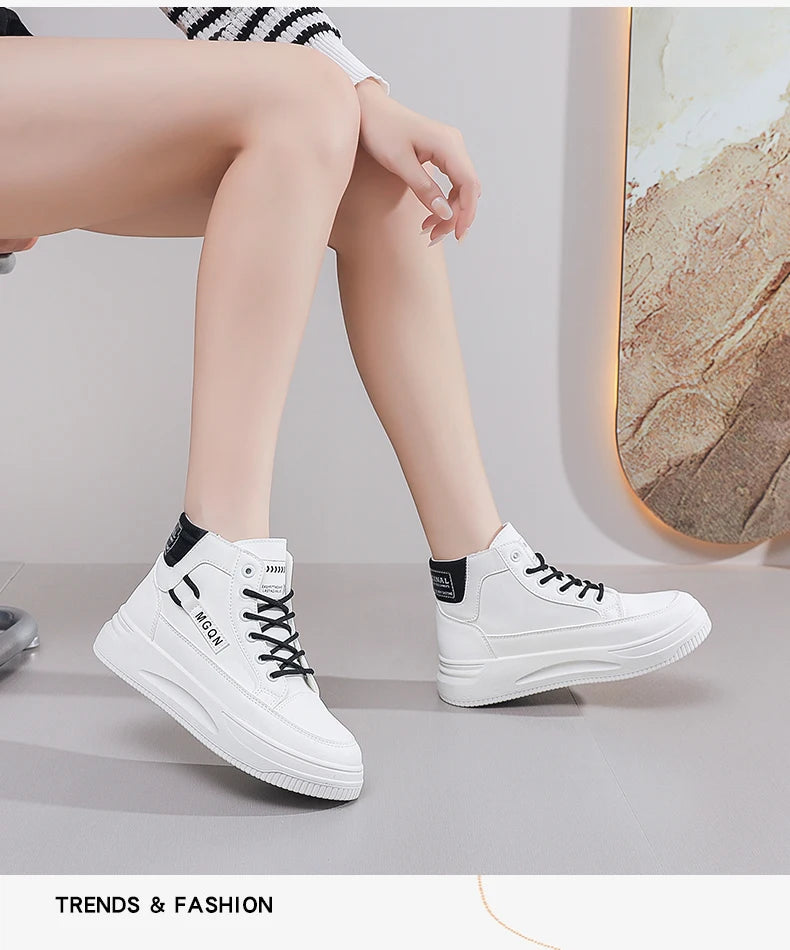 2025 Japanese-style White Sneakers for Ladies, High-top, Rugged and Durable, Thick Sole, Height-increasing, Casual Shoes