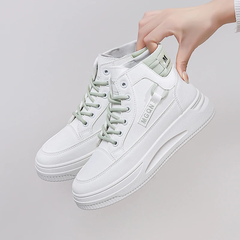 2025 Japanese-style White Sneakers for Ladies, High-top, Rugged and Durable, Thick Sole, Height-increasing, Casual Shoes
