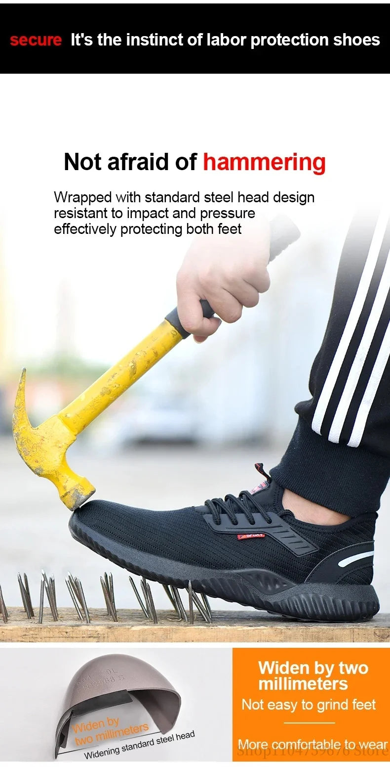 Braided safety shoes for men with steel toe protection, bump-proof, breathable, comfortable, lightweight, durable and safe.