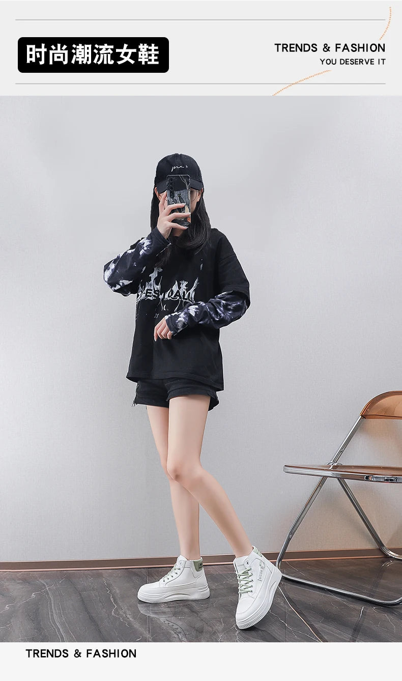 2025 Japanese-style White Sneakers for Ladies, High-top, Rugged and Durable, Thick Sole, Height-increasing, Casual Shoes