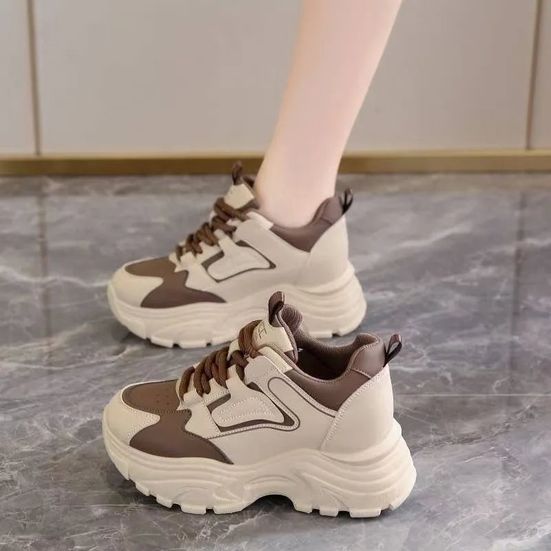 Women's 2025 Spring Sneakers with Thick Bottom and Leather Face High Inner Heel Shoes Comfortable for Sports and Casual Wear