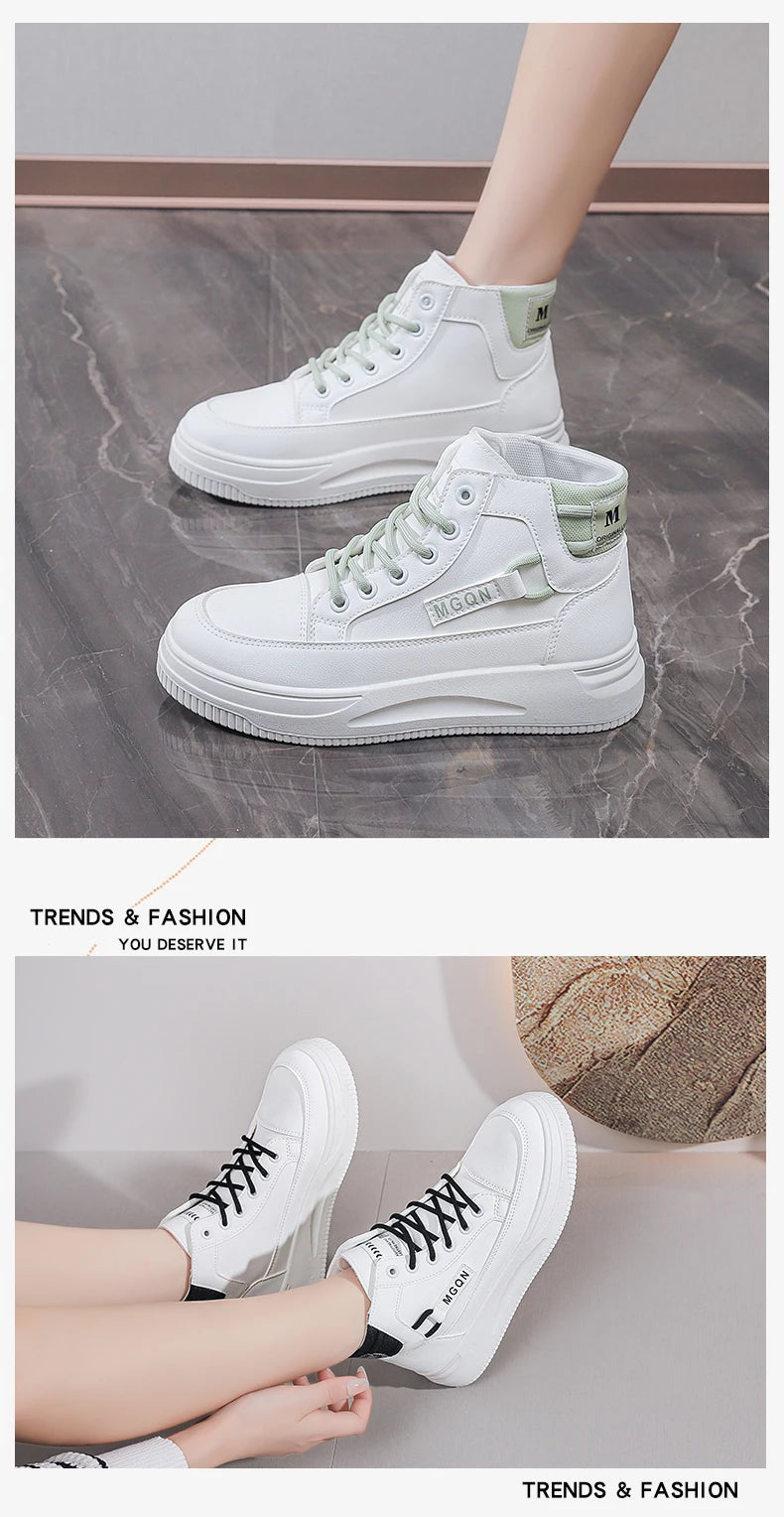 2025 Japanese-style White Sneakers for Ladies, High-top, Rugged and Durable, Thick Sole, Height-increasing, Casual Shoes
