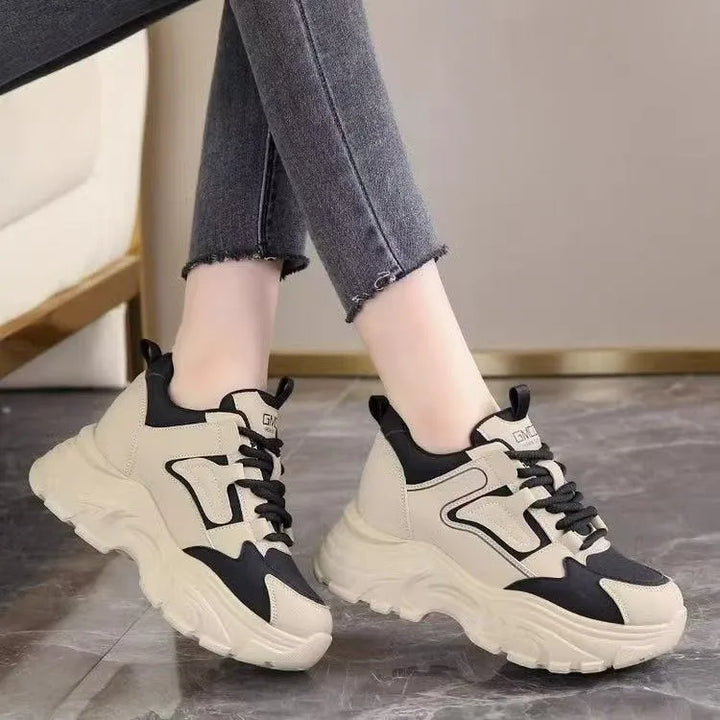 Women's 2025 Spring Sneakers with Thick Bottom and Leather Face High Inner Heel Shoes Comfortable for Sports and Casual Wear