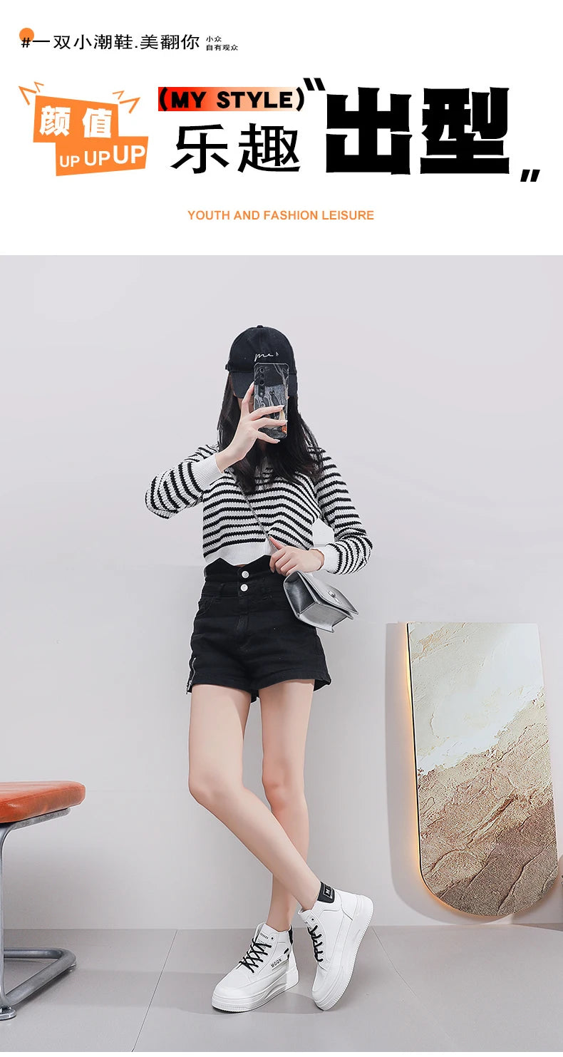 2025 Japanese-style White Sneakers for Ladies, High-top, Rugged and Durable, Thick Sole, Height-increasing, Casual Shoes