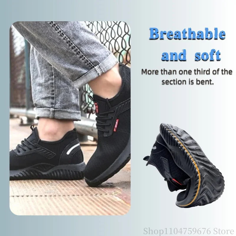 Braided safety shoes for men with steel toe protection, bump-proof, breathable, comfortable, lightweight, durable and safe.