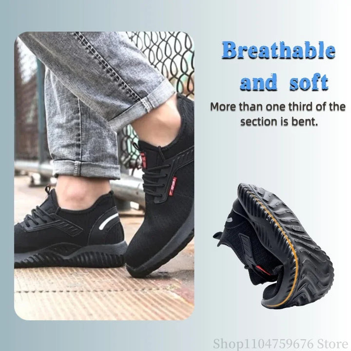 Braided safety shoes for men with steel toe protection, bump-proof, breathable, comfortable, lightweight, durable and safe.