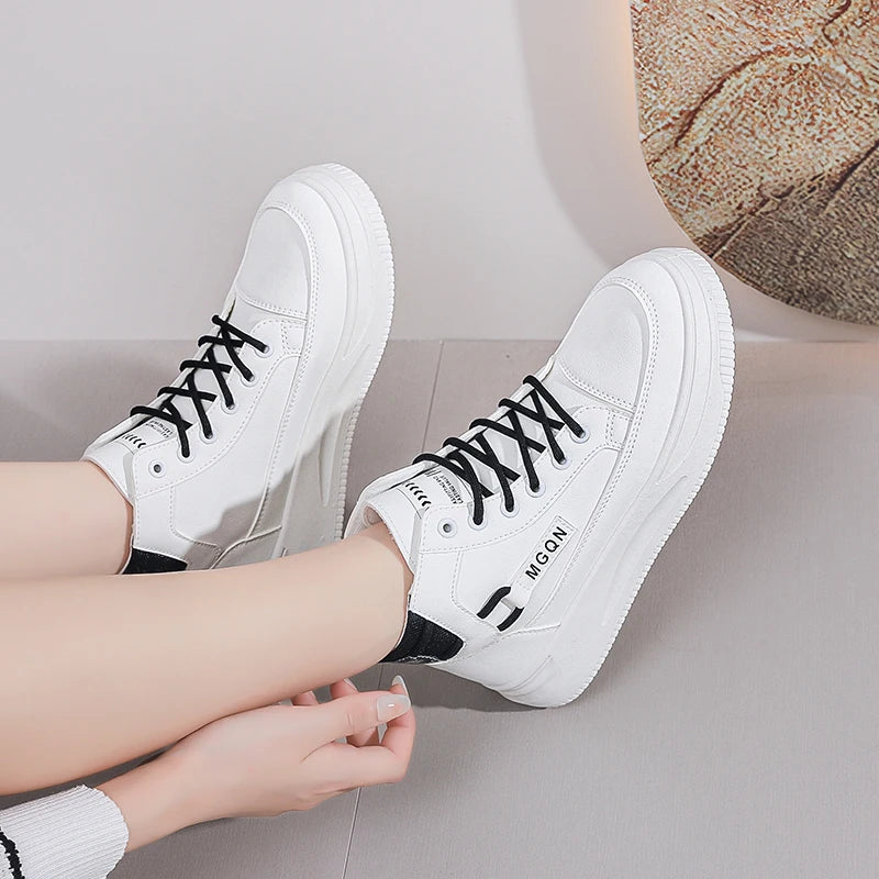 2025 Japanese-style White Sneakers for Ladies, High-top, Rugged and Durable, Thick Sole, Height-increasing, Casual Shoes