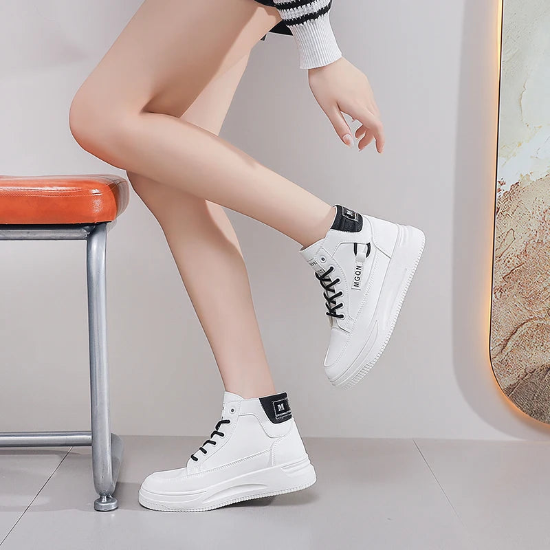 2025 Japanese-style White Sneakers for Ladies, High-top, Rugged and Durable, Thick Sole, Height-increasing, Casual Shoes
