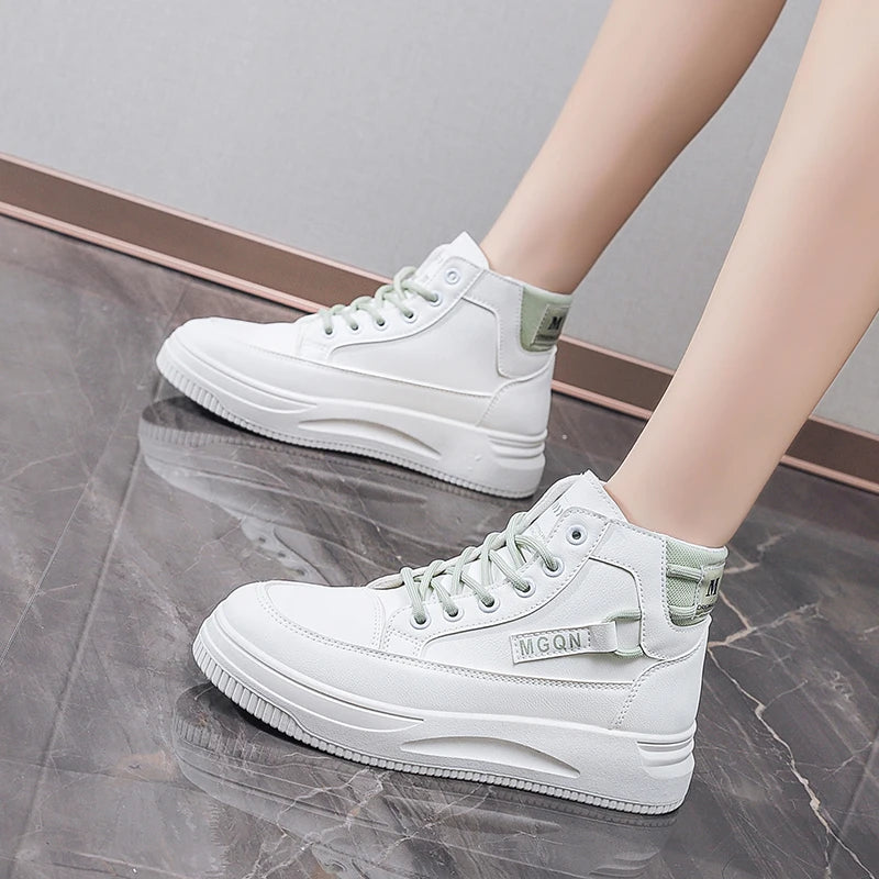 2025 Japanese-style White Sneakers for Ladies, High-top, Rugged and Durable, Thick Sole, Height-increasing, Casual Shoes