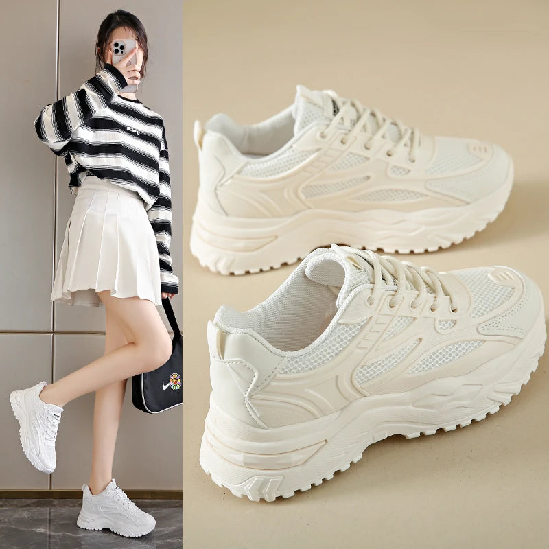 White Sneakers Women 2024 New Leather Chunky Sneakers Women's Sports Shoes Thick Tennis Vulcanized Shoes Basket Platform Shoes
